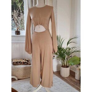Zara Beige Long-Sleeve Cutout Jumpsuit Size S Crop Pouf Sleeves Tan RX10363